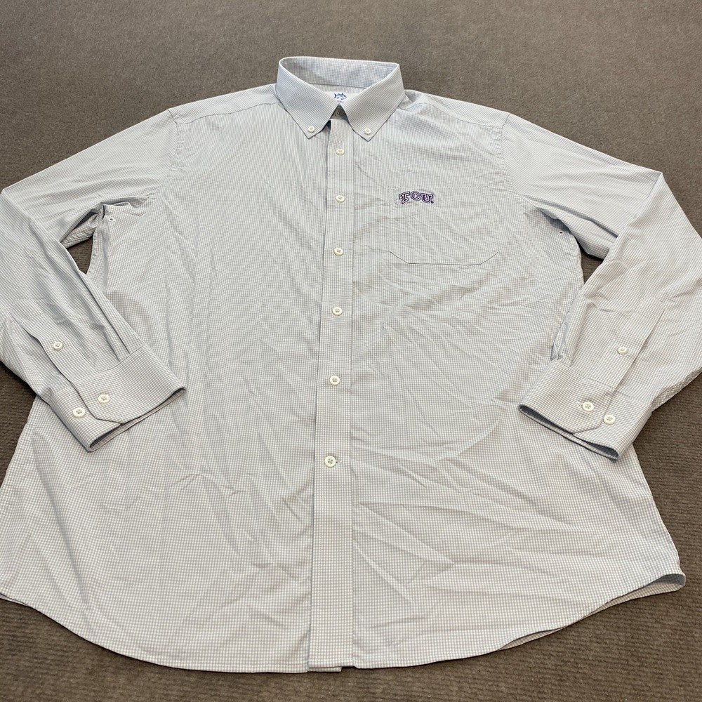 TCU Horned Frogs Southern Tide Performance‎ Button Shirt Mens Large Gray Nylon